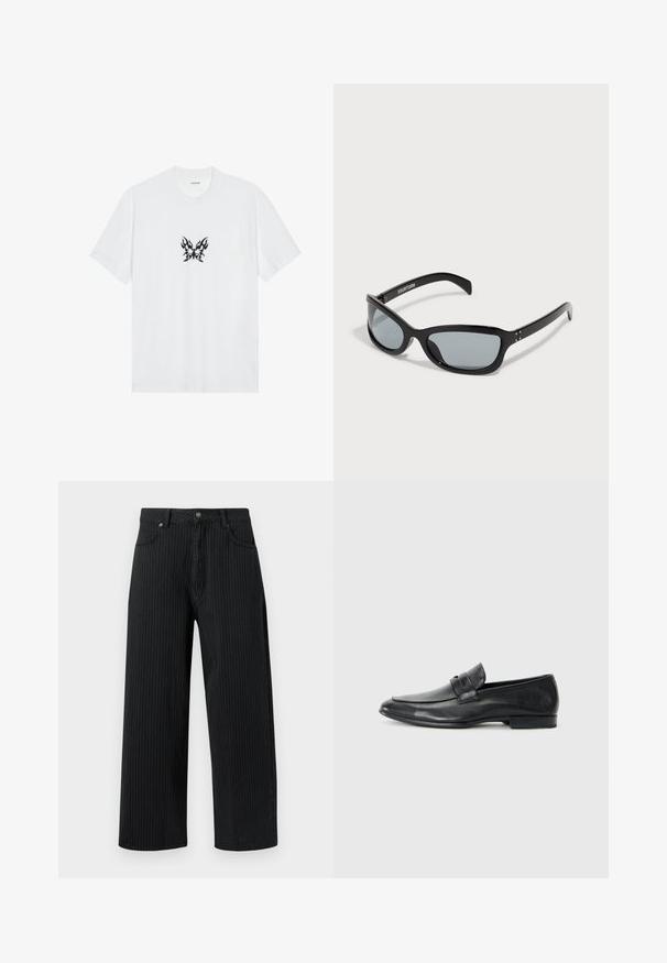 White cotton t-shirt with short sleeves and a crew neck. Features a central black flame-patterned butterfly graphic. Smooth texture.; Black pinstriped wide-leg trousers made of cotton with a textured finish. Features front pockets and a button closure at the waist.; Black leather loafers featuring a rounded toe, stitched detailing, wide strap across the vamp, and a low, flat heel. Smooth finish.; Black sunglasses with a sleek, angular design. Features grey lenses and shiny plastic frames. Includes small metal accents and branding on the arm.