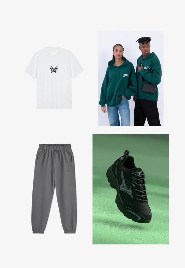 Camiseta de algodão branca com mangas curtas e gola redonda. Apresenta um gráfico central de uma borboleta com padrão de chamas pretas. Textura suave.; Calças de moletão cinzentas feitas de tecido macio, com uma cintura elástica, pernas com punhos e dois bolsos laterais para armazenamento.; Sapatilha atlética preta com uma superfície texturizada, detalhes em cinza e atacadores. Apresenta um logótipo de marca em destaque e uma sola almofadada para suporte.; Sweatshirts verdes com capuz e bolsos frontais, de corte largo. Um modelo usa jeans pretos, enquanto o outro leva uma bolsa crossbody preta.