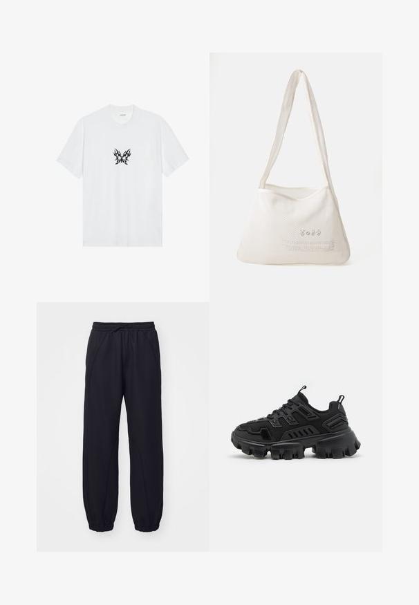 Bela bombažna majica s kratkimi rokavi in krožnim izrezom. Ima osrednji črni grafični motiv metulja z vzorcem plamenov. Gladka tekstura.; Črne trenirke iz mehkega blaga, z elastičnim pasom in vrvico, z manšetami na koncih ter dekorativnimi šivi.; Črne športne copate z teksturirano gumijasto podplatom, plastnimi oblikovalskimi elementi in ojačanimi detajli. Imajo vezalke in zanko na peti.; Bela mrežasta torba za ramena s mekim, hobo oblikom. Ima dva remena i otisnut tekst na prednjoj strani u kontrastnoj boji.