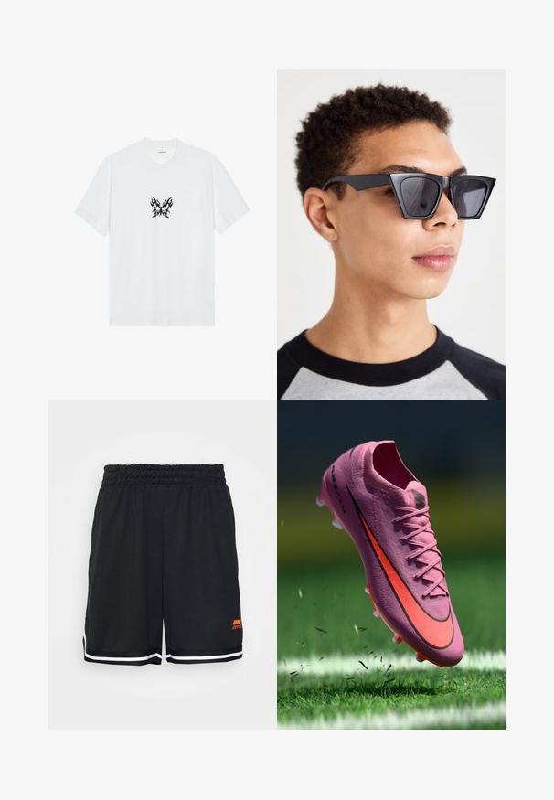 Tricou alb din bumbac cu mâneci scurte și guler rotund. Prezintă un grafic central cu un fluture cu model de flacără neagră. Textură netedă.; Shorts de sport negre cu talie elastică, dungi albe pe laterale și un logo portocaliu în partea dreaptă jos. Textură netedă.; Cizme de fotbal roz cu swoosh-ul Nike roșu și negru deasupra unei suprafețe de iarbă verde cu linii albe, firele de iarbă zburând în jurul încălțămintei.; Ochelari de soare negri, unghiulari, cu lentile închise la culoare, având un design geometric îndrăzneț și o finisare mată. Purtați de o persoană cu păr scurt.
