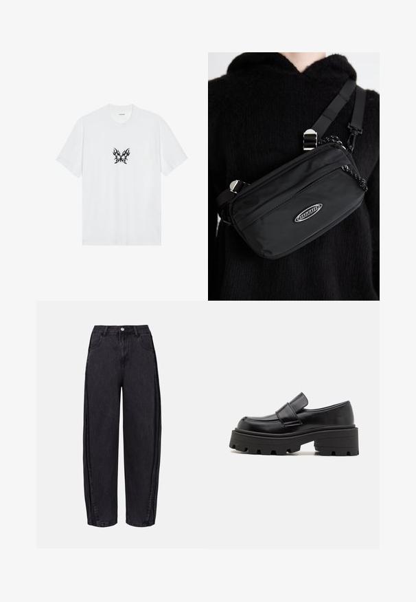 Bijela pamučna majica s kratkim rukavima i okruglim izrezom. Središnji motiv čini crni leptir s uzorkom plamenova. Glatka tekstura.; Crne široke traperice izrađene od denima s glatkom teksturom. Imaju visok struk, prednje džepove i zatvaranje na gumbe na struku.; Crne kožne mokasine s masivnom gumenom potplatom, s podignutom platformom i trakicom preko gležnja. Glatka površina i okrugli oblik.; Crna najlon crossbody torba s podesivom trakom, koja se odlikuje glatkom teksturom, prednjim džepom na patentni zatvarač i logotipom kao akcentom.