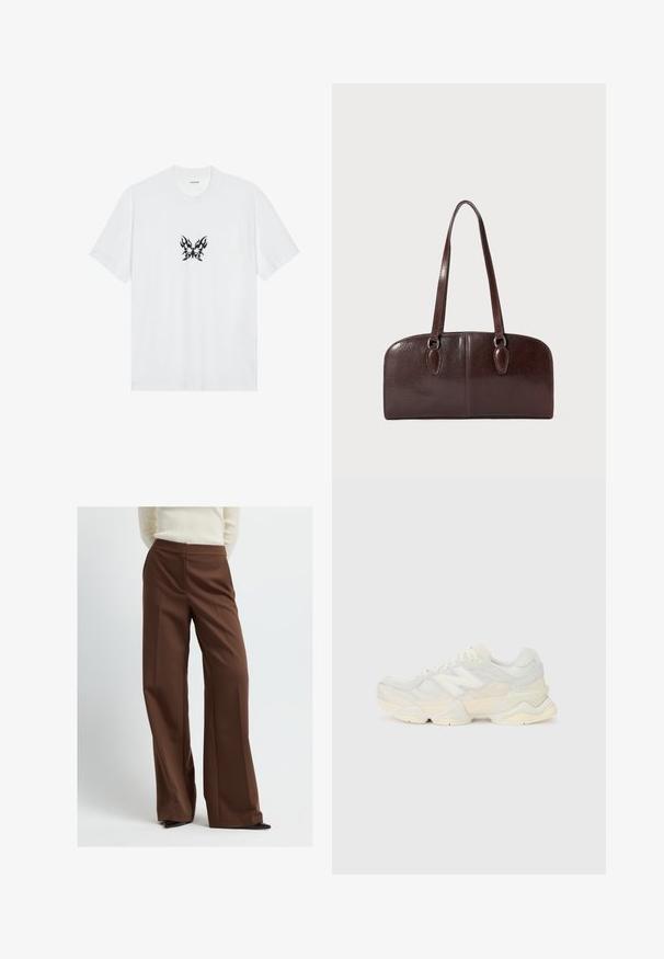 Witte katoenen T-shirt met korte mouwen en een ronde hals. Bevat een centrale zwarte vlinderafbeelding met vlampatroon. Smooth textuur.; Bruine wijde broek gemaakt van zachte stof, met een op maat gemaakte tailleband en plooien, en een strakke, moderne silhouet.; Lichte sneaker met een bovenwerk van mesh en suede in zachte crèmekleuren, met een chunky zool en driedimensionale accenten.; Bruine leren handtas met twee lange handvatten, een gestructureerde rechthoekige vorm, een gladde textuur en ronde randen. Beschikt over accentdetails bij de handvatten.