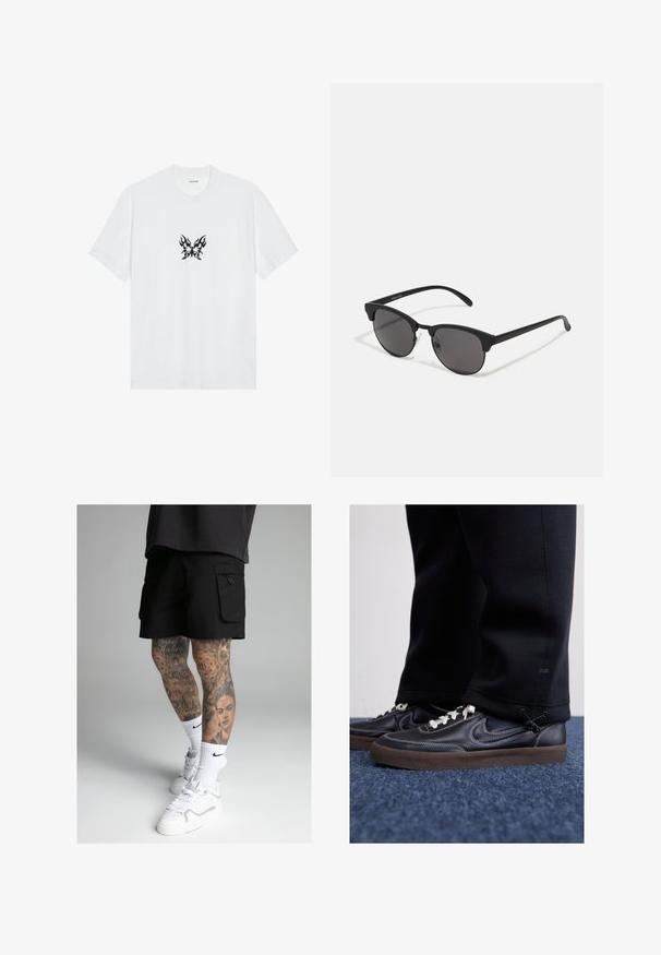 T-shirt bianco in cotone con maniche corte e collo tondo. Presenta una grafica centrale di una farfalla con motivo a fiamme nere. Texture liscia.; Pantaloni cargo neri con tasche laterali, caratterizzati da una consistenza liscia. Indossati con calze sportive bianche e scarpe da ginnastica. Tatuaggi dettagliati sulle gambe.; Nike Sportswear KILLSHOT 2 LTR PRM OPP2 - Sneakers basse - black sail baroque brown mtlc dk grey; Occhiali da sole neri con lenti rotonde, finitura opaca e forma distintiva a occhio di gatto. Astine sottili con un branding discreto sulla tempia sinistra.