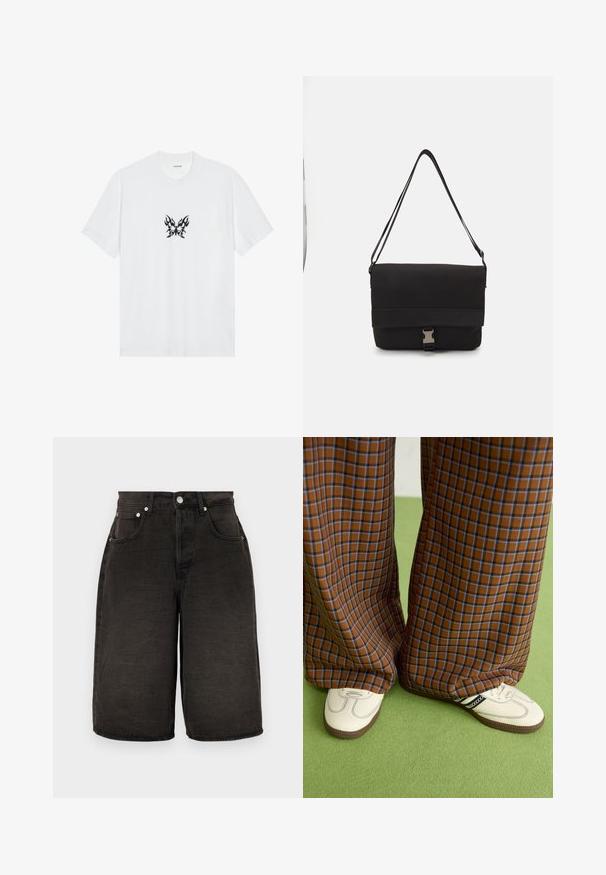 T-shirt en coton blanc à manches courtes et col rond. Présente un graphique central de papillon avec un motif de flammes noires. Texture lisse.; Shorts en denim noir avec une coupe droite, dotés de poches avant, d'une braguette zippée et d'un tissu texturé avec de légères plis. Accents en métal argenté.; Un pantalon large à carreaux marron et bleu associé à des chaussures blanches avec des accents noirs et des semelles texturées, le tout sur fond vert.; Sac messager noir en matériau lisse, avec un rabat repliable, des fermoirs en métal argenté et une bandoulière réglable.