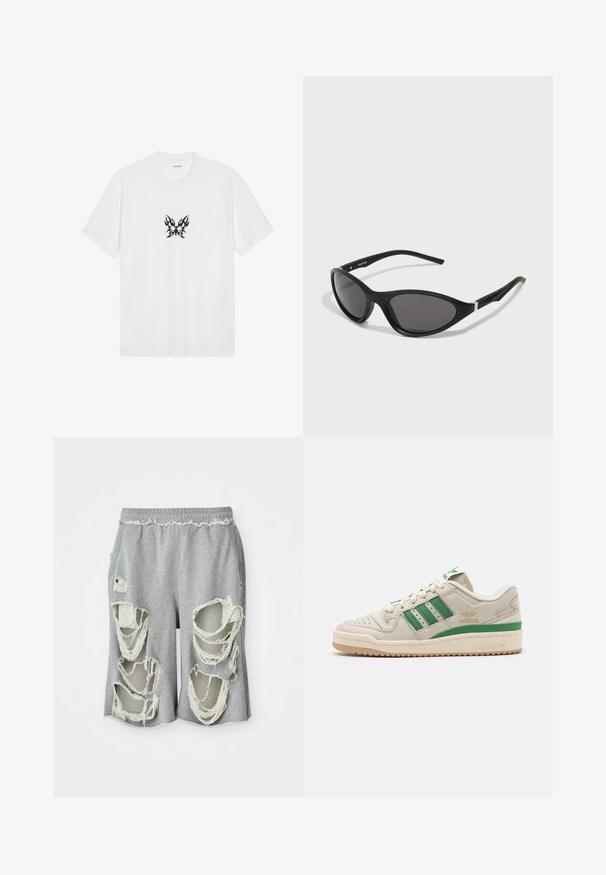 Camiseta de algodón blanca con mangas cortas y cuello redondo. Presenta un gráfico central de mariposa con un patrón de llamas negras. Textura suave.; Pantalones cortos de algodón gris con agujeros desgastados prominentes y bordes deshilachados. Presentan una cintura elástica y un diseño de corte relajado.; Zapatillas Adidas con parte superior de cuero beige, franjas verdes y suela de goma. Cuenta con un collar acolchado y puntera perforada para ventilación.; Gafas de sol de cat-eye negras con montura mate y elegante, lentes oscuros y detalles plateados en las patillas. Diseño moderno con una forma afilada.