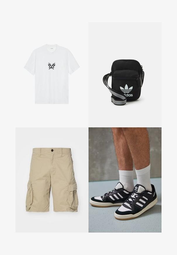 White cotton t-shirt with short sleeves and a crew neck. Features a central black flame-patterned butterfly graphic. Smooth texture.; Beige cargo shorts made from cotton fabric, featuring side pockets, a button closure, and a straight cut design. Smooth texture.; Black and white sneakers with a suede and leather upper, featuring three white stripes, a perforated toe, and a gum rubber sole.; Black fabric crossbody bag with a zipper closure, featuring a white Adidas logo and a striped adjustable strap for easy carrying.