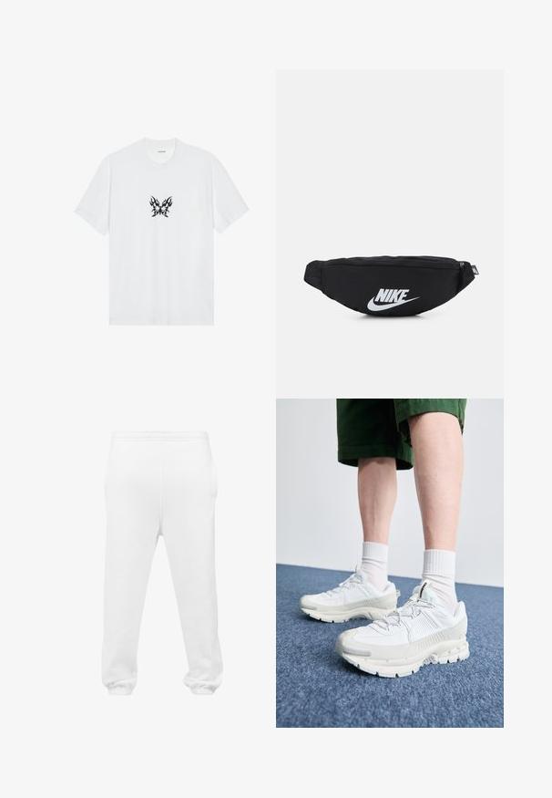 Biela bavlnená tričko s krátkymi rukávmi a okrúhlym výstrihom. S centralným grafickým motívom čierneho motýľa so vzorom plameňa. Hladká textura.; Biele teplákové nohavice vyrobené z mäkkej látky, s elastickým pásom, bočnými vreckami a elastickými manžetami na členkoch.; Biele športové topánky s textúrovanými prešívaniami, robustnou podrážkou a sivými akcentami. Nosené s bielymi ponožkami po členky a zelenými šortkami na modrom povrchu.; Čierny nylonový ledvinkový batoh so zipsovým uzáverom, s veľkým bielym logom Nike. Hladký povrch a ergonomický dizajn pre pohodlné nosenie.
