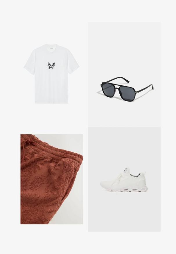 Weißes Baumwoll-T-Shirt mit kurzen Ärmeln und Rundhalsausschnitt. Merkmale ein zentrales, schwarzes Schmetterlingsmotiv mit Flammenmuster. Glatte Textur.; Terrakotta-Jogginghose mit einem strukturierten Blumenmuster, elastischem Bund mit Kordelzug und weichem, plüschigem Stoff für Komfort.; Weiße Sportschuhe mit einem strukturierten Strickobermaterial, flachen Schnürsenkeln und einer gepolsterten Sohle mit sichtbaren Luftkammern für zusätzlichen Halt.; Schwarze Sonnenbrille mit achteckigem Rahmen, dunklen Gläsern, glänzender Oberfläche, dünnen Bügeln und goldenen Akzenten auf der Vorderseite.