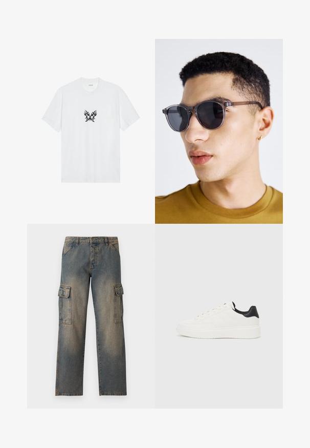 White cotton t-shirt with short sleeves and a crew neck. Features a central black flame-patterned butterfly graphic. Smooth texture.; Denim cargo pants featuring a faded blue color, loose fit, two large side pockets, stitched seams, and a classic waistband design.; White leather sneaker with embossed pattern, textured white midsole, and black heel accent. Features rounded toe and flat laces.; Gray-tinted round sunglasses with a transparent frame, featuring dark lenses and thin, sleek arms. Worn by a person with short curly hair.