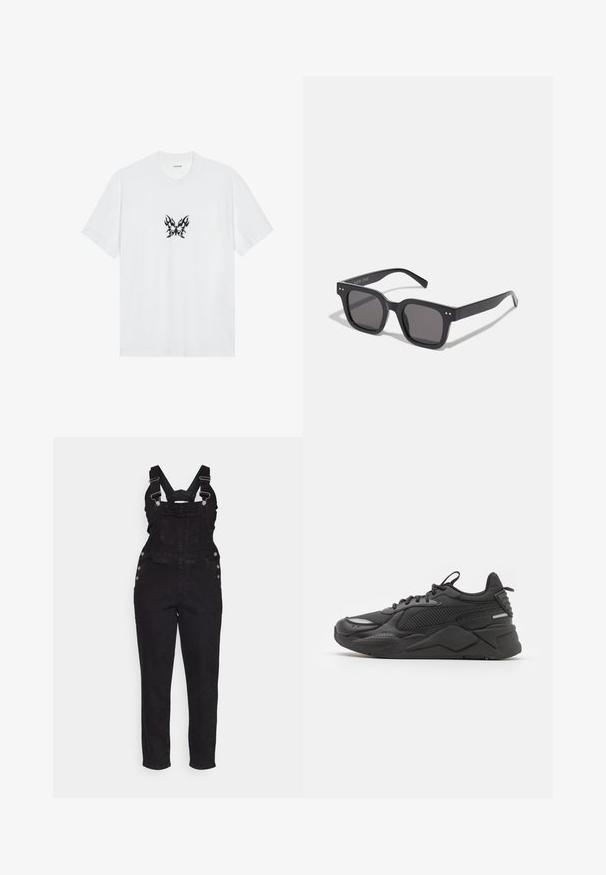 Valge puuvillane T-särk lühikeste varrukatega ja ümmarguse kaelusega. Keskosas on musta leegikujundiga liblika graafika. Sile tekstuur.; Mustmust värvi teksariided, reguleeritavate rihmadega, külg-nööbiga ja kitsenevate jalgadega. Ülemine osa sisaldab eesmist taskut ja klassikalist disaini.; Mustad tennisjalanõud, millel on tekstureeritud ülemine osa ja mis koosneb võrkkangast ning sünteetilistest materjalidest, pakuvad paksu talda ja peegeldavaid elemente nähtavuse tagamiseks.; Mustad mustan värvi päikeseprillid tumedate läätsedega, pakse raami, diskreetsete detailidega külgedel ning ilma nähtavate logota, peale brändinime.; Must mustaalee kott sellega kätitootsid. Omab ümmargust punast, valget ja sinist logoplaati, millel on tekst "Converse All Star".