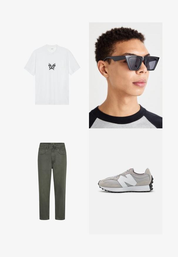 Camiseta de algodón blanca con mangas cortas y cuello redondo. Presenta un gráfico central de mariposa con un patrón de llamas negras. Textura suave.; Chinos verdes de algodón con una silueta recta, que cuentan con pasadores para cinturón, bolsillos delanteros y un cierre de botón. Textura suave con costuras mínimas.; Zapatilla gris con materiales de malla y ante, que presenta un logo lateral blanco, cordones grises y una suela de goma negra.; Gafas de sol negras angulares con lentes oscuros, que presentan un diseño geométrico audaz y un acabado mate. Llevadas por una persona con cabello corto.