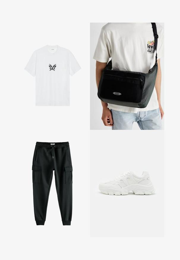 T-shirt en coton blanc à manches courtes et col rond. Présente un graphique central de papillon avec un motif de flammes noires. Texture lisse.; Pantalons de survêtement noirs en tissu doux, dotés d'une taille élastique avec cordon de serrage, de deux poches latérales et de deux poches style cargo.; Baskets de sport blanches avec tige en mesh et accents en cuir, semelle en caoutchouc texturé, et design volumineux avec des contours remarquables.; Sacoche en matériaux noir et vert foncé, avec une poche avant texturée, fermeture éclair et détail de logo. Design lisse et décontracté.