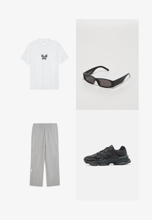 White cotton t-shirt with short sleeves and a crew neck. Features a central black flame-patterned butterfly graphic. Smooth texture.; Light gray elastic waist track pants with white piping details and Puma logo on upper thigh, loose fit and straight legs.; Black running shoe featuring a mix of mesh and synthetic materials, chunky sole, curved design, and prominent branding on the side.; Black rectangular sunglasses with dark lenses, a smooth plastic frame, and a subtle logo on the left arm. Minimalist design.