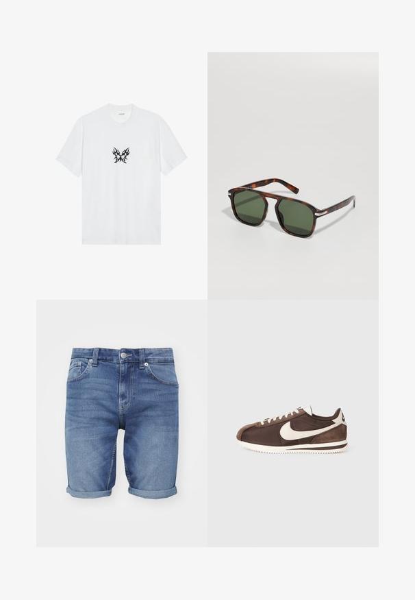 Hvit bomulls t-skjorte med kort erme og rund hals. Har et sentralt svart flamme-mønster av sommerfuglgrafikk. Glatt tekstur.; Lette blå denimshorts. Har et klassisk fem-lomme-design, oppbrettede kanter og metallknapplukking i midjen.; Brun treningssko laget av en blanding av semsket skinn og lerret, med en hvit Nike swoosh-logo og en teksturert gummisåle.; Skilpaddeskjell solbriller med firkantet ramme, grønne linser, sølvdetaljer på templene, glatt tekstur og lett design.