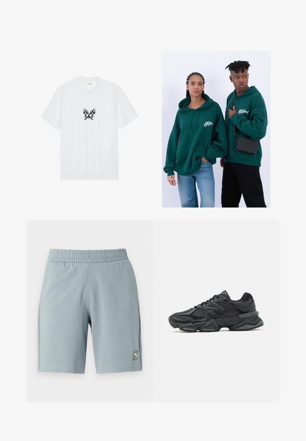 Camiseta de algodón blanca con mangas cortas y cuello redondo. Presenta un gráfico central de mariposa con un patrón de llamas negras. Textura suave.; Pantalones cortos deportivos de color azul claro con cintura elástica, bolsillos laterales y un pequeño parche con el logotipo de Puma en la parte delantera izquierda. Textura de tela suave.; Zapatilla de running negra que presenta una combinación de malla y materiales sintéticos, suela gruesa, diseño curvado y una marca prominente en el costado.; Sudaderas con capucha verdes y bolsillos frontales, de ajuste holgado. Un modelo lleva jeans negros, el otro lleva un bolso cruzado negro.