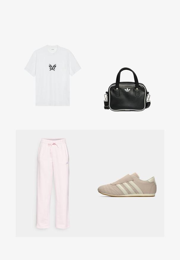 Bijela pamučna majica s kratkim rukavima i okruglim izrezom. Središnji motiv čini crni leptir s uzorkom plamenova. Glatka tekstura.; Svijetloružičaste trenirke od mekanog materijala, s elastičnim pojasom s vezicom, ravnim nogavicama i malim Adidas logotipom sa strane.; Bež tenisice s kremastim prugama, obloženim petom, šivanim detaljima i ravnim gumenim potplatima, prikazane sa strane na bijeloj pozadini.; Crna kožna torba s dva kratka ručka, srebrnim detaljima, bijelim naglascima i bijelim logotipom. Ima teksturiranu površinu i kompaktni dizajn.