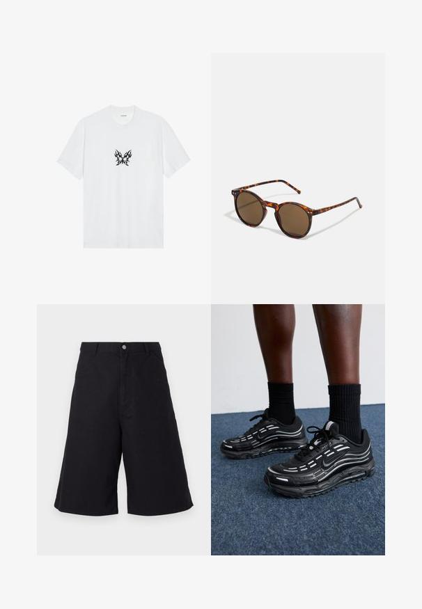 Valkoinen puuvillapaita lyhyillä hihoilla ja pyöreällä kauluksella. Keskellä musta liekkikuvioinen perhosgrafiikka. Sileä pinta.; Mustat puuvillashortsit suorin leikkauksin, joissa on etutaskut, nappisuljenta ja materiaali, joka sopii vapaa-ajan käyttöön.; Mustat Nike-kengät, joissa on verkkomateriaali ja korostetut raidat, teksturoitu nauhoitus ja musta kumipohja. Yhdistetty mustiin ribbikurottimiin.; Pyöreät aurinkolasit, joissa on kilpikonnakuviot ja ruskeat linssit. Ominaisuuksiin kuuluu ohuet sangan osat, joissa on lievää tekstuuria ja metallielementtejä linssien lähellä.