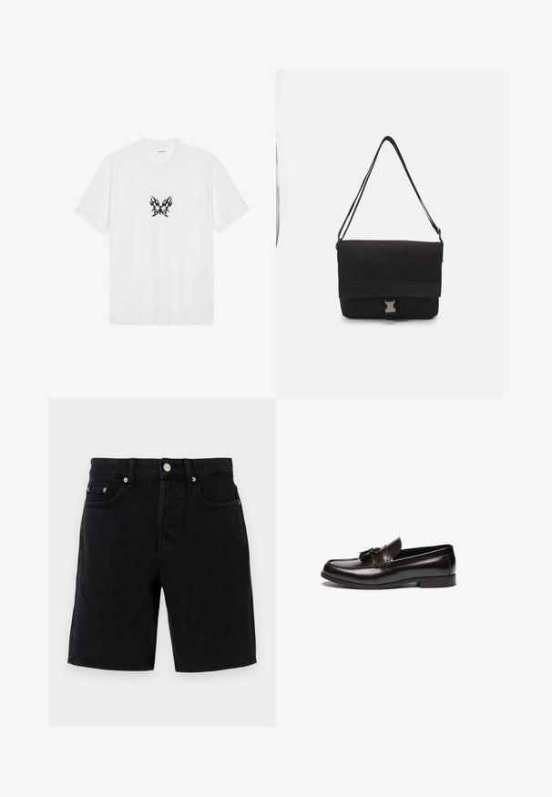 White cotton t-shirt with short sleeves and a crew neck. Features a central black flame-patterned butterfly graphic. Smooth texture.; Black denim shorts with a straight cut, featuring a button and zipper closure, belt loops, and front pockets. Smooth texture, minimal detailing.; Brown leather loafers with a smooth finish, featuring a stitched design and decorative tassels on the front. Flat sole and round toe.; Black messenger bag made of smooth material, featuring a fold-over flap, silver clasp hardware, and an adjustable shoulder strap.