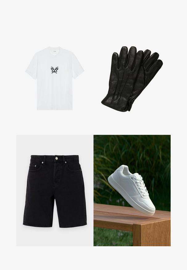 Bílý bavlněný tričko s krátkými rukávy a kulatým výstřihem. Obsahuje centrální černou grafiku motýla se vzorem plamenů. Hladká textura.; Černé denimové šortky s rovnom střihem, s knoflíkovým a zipovým zapínáním, poutky na opasek a předními kapsami. Hladká textura, minimální detaily.; Bílé tenisky s hladkým syntetickým svrškem, perforovanou špičkou, plochými tkaničkami a texturovanou podrážkou, vystavené na dřevěném povrchu.; Černé kožené rukavice s hladkým povrchem, pěti prsty a jemnými švy. Klasický design, vhodný pro použití v chladném počasí.
