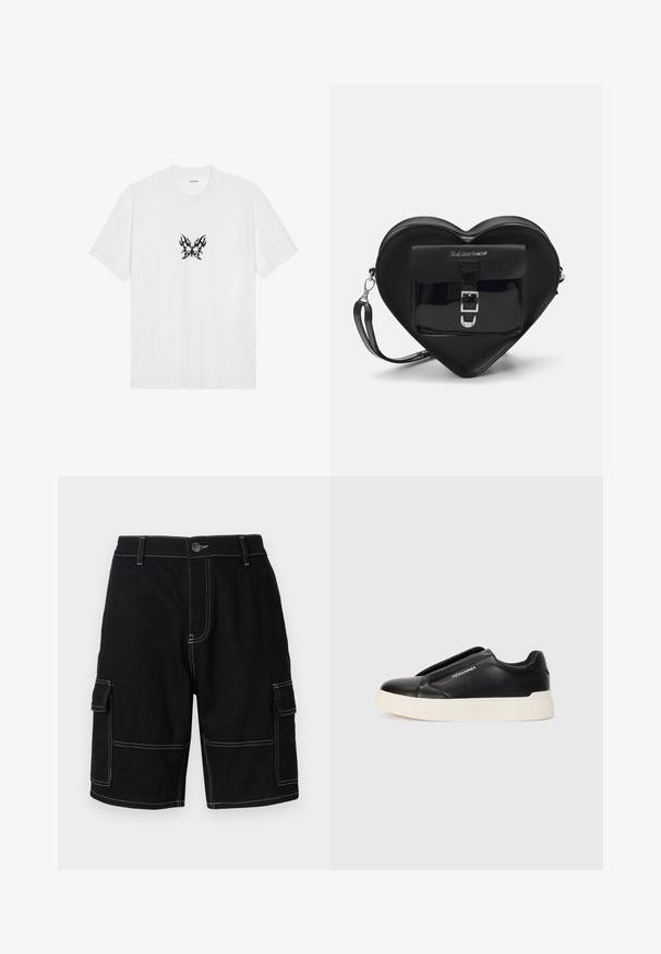 Bela bombažna majica s kratkimi rokavi in krožnim izrezom. Ima osrednji črni grafični motiv metulja z vzorcem plamenov. Gladka tekstura.; Črne cargo kratke hlače z dvema stranskima žepoma, kontrastnim belim šivanjem in gumbom za zapiranje na pasu. Narejene iz trpežne bombažne tkanine.; Črne slip-on športne čevlje z teksturiranim usnjenim zgornjim delom, belim gumijastim podplatom in brez vidnih vezalk. Na strani je logotip blagovne znamke.; Črna torbica v obliki srca, izdelana iz lakirane usnje, s sprednjim žepom, ki se zapira z zaponko, in snemljivim trakom. Srebrni dodatki.
