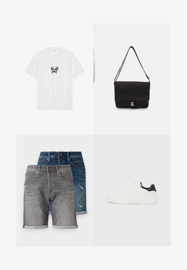 White cotton t-shirt with short sleeves and a crew neck. Features a central black flame-patterned butterfly graphic. Smooth texture.; Denim shorts in dark blue and grey. Features include rolled hems, pockets, and a faded texture on the blue pair with distressed detailing.; White leather sneaker with embossed pattern, textured white midsole, and black heel accent. Features rounded toe and flat laces.; Black messenger bag made of smooth material, featuring a fold-over flap, silver clasp hardware, and an adjustable shoulder strap.