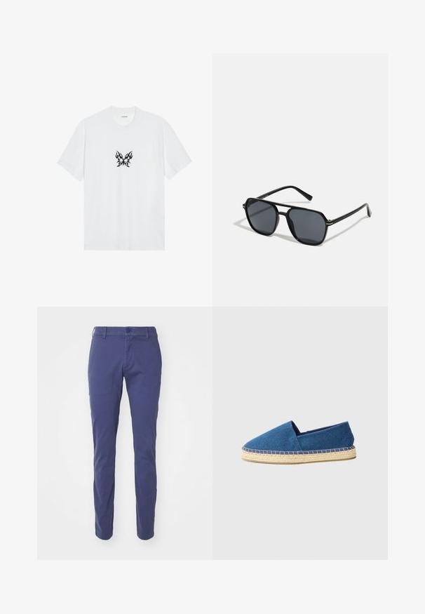 Camiseta de algodón blanca con mangas cortas y cuello redondo. Presenta un gráfico central de mariposa con un patrón de llamas negras. Textura suave.; Pantalones azul marino con un diseño de corte ajustado, que presentan un cierre de botón, pasadores para cinturón y una textura de tela de algodón suave.; Espadrille de lienzo azul con puntera cerrada, suela de yute y ribete cosido. Textura de tela suave y diseño de perfil bajo.; Gafas de sol negras con montura octogonal, lentes oscuros, acabado brillante, varillas delgadas y acentos dorados en la parte frontal.