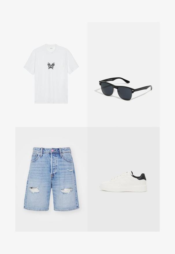 White cotton t-shirt with short sleeves and a crew neck. Features a central black flame-patterned butterfly graphic. Smooth texture.; Light blue denim shorts with distressed details, featuring frayed rips and a straight-cut design. Includes five pockets and a button closure.; White leather sneaker with embossed pattern, textured white midsole, and black heel accent. Features rounded toe and flat laces.; Black sunglasses with a rectangular shape, dark lenses, silver accents at the temples, and a matte finish on the frame.