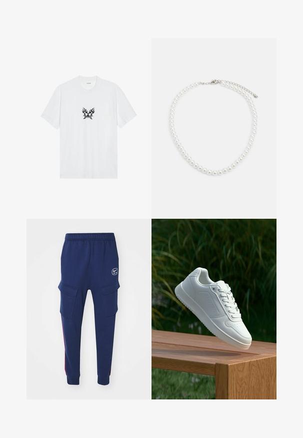 Biała bawełniana koszulka z krótkimi rękawami i okrągłym dekoltem. Zawiera centralny czarny graficzny wzór motyla w kształcie płomienia. Gładka faktura.; Granatowe dresy z elastycznym pasem, dwoma bocznymi kieszeniami cargo, czerwonymi akcentami wzdłuż boków oraz logo Nike Air na biodrze.; Biały sneaker z gładką syntetyczną cholewą, perforowanym noskiem, płaskimi sznurowadłami i teksturowaną podeszwą, wyeksponowany na drewnianej powierzchni.; Biała perłowa naszyjnik o jednolitym, okrągłym kształcie, gładkiej powierzchni oraz metalowym zapięciu z przedłużanym łańcuszkiem dla regulowanej długości.
