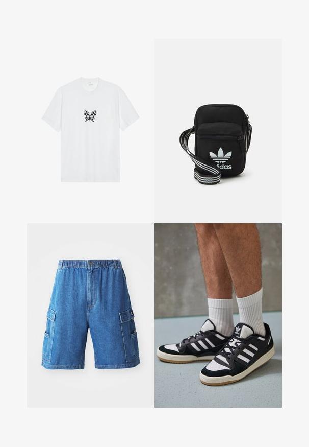 Witte katoenen T-shirt met korte mouwen en een ronde hals. Bevat een centrale zwarte vlinderafbeelding met vlampatroon. Smooth textuur.; Denim cargoshorts in medium blauw met een elastische tailleband, meerdere zijzakken en een rechte snit. Gestructureerde stof met zichtbare stiksels.; Zwart-witte sneakers met een bovenwerk van suede en leer, voorzien van drie witte strepen, een geperforeerde neus en een rubberen gumzool.; Zwarte stoffen schoudertas met een ritssluiting, voorzien van een wit Adidas-logo en een gestreepte, verstelbare schouderband voor gemakkelijk dragen.