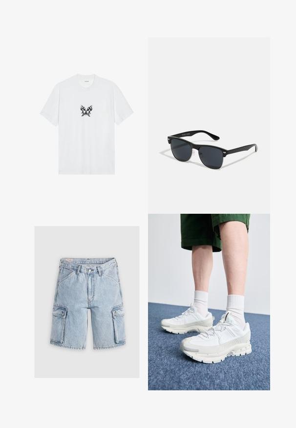 Balta medvilninė marškinėliai su trumpomis rankovėmis ir apvalia iškirpte. Pavaizduota centrinė juoda ugnies raštuota drugelio grafika. Lygus paviršius.; Šviesiai mėlynos džinsinės cargo šortai su laisvu pjūviu, turintys dvi šonines kišenes ir siuvinėtas detales išilgai siūlių.; Baltos sportinės bateliai su tekstūruotais uždengimais, masyviu padu ir pilkais akcentais. Dėvimi su baltais trumpais kojiniais ir žaliais šortais mėlyname paviršiuje.; Juodos saulės akinių su stačiakampiu rėmeliu, tamsiais lęšiais, sidabrinėmis detalėmis šventrajose ir matinio paviršiaus rėmeliu.