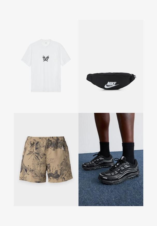 Bela bombažna majica s kratkimi rokavi in krožnim izrezom. Ima osrednji črni grafični motiv metulja z vzorcem plamenov. Gladka tekstura.; Bež kratke hlače s črnim naravnim vzorcem, ki imajo elastičen pas in vezalko. Narejene so iz lahkega materiala, primerne za vsakodnevno nošenje.; Črne Nike čevlje imajo mrežasto zgornji del z naglasnimi črtami, teksturirane vezalke in črn gumijast podplat. Nosijo se s črnimi rebrastimi nogavicami.; Črna najlon fanny pakica z zadrgo, ki ima velik bel Nike logotip. Gladka tekstura in ergonomska zasnova za udobno nošenje.