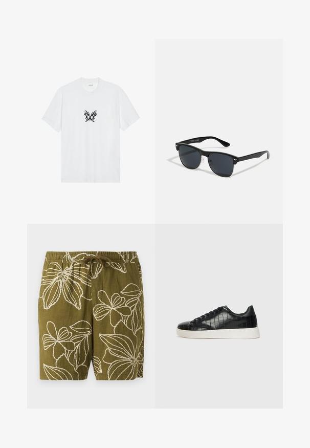 Biała bawełniana koszulka z krótkimi rękawami i okrągłym dekoltem. Zawiera centralny czarny graficzny wzór motyla w kształcie płomienia. Gładka faktura.; Oliwkowe lniane szorty z białymi haftami w kwiaty, z elastycznym paskiem i sznurkiem do regulacji dopasowania.; Czarne sneakersy z teksturowaną cholewką ze skóry z tłoczeniem w kształcie krokodyla, okrągłym noskiem oraz kontrastującą białą gumową podeszwą o gładkim wykończeniu.; Czarne okulary przeciwsłoneczne o prostokątnym kształcie, ciemnych soczewkach, srebrnych akcentach na zausznikach oraz matowym wykończeniu oprawki.
