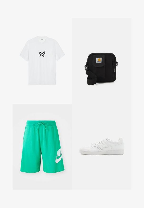 Camiseta de algodão branca com mangas curtas e gola redonda. Apresenta um gráfico central de uma borboleta com padrão de chamas pretas. Textura suave.; Calções verdes de algodão com uma cintura elástica, cordão e um grande logótipo branco da Nike na coxa esquerda. Textura suave, corte até ao joelho.; Sapatilha branca feita de couro liso, com bico perfurado, sola de borracha texturizada, atacadores planos e um destacado logotipo 'N' na lateral.; Bolsa transversal preta com um compartimento principal com fecho éclair, bolso frontal, alça ajustável e um logotipo visível na aba.
