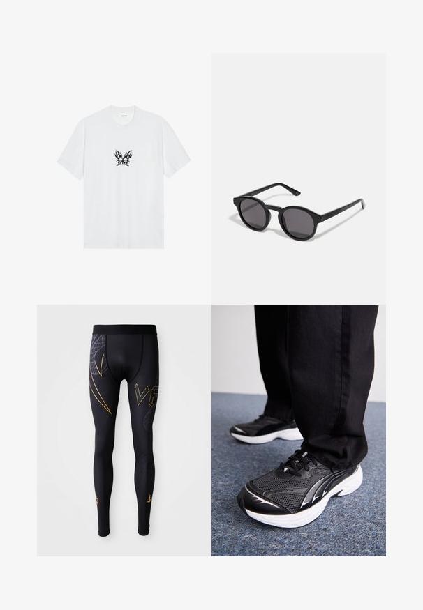 Biela bavlnená tričko s krátkymi rukávmi a okrúhlym výstrihom. S centralným grafickým motívom čierneho motýľa so vzorom plameňa. Hladká textura.; Čierne športové legíny s hladkým povrchom, zdobené zlatými akcentmi a grafickým dizajnom na nohách. Elastický pás pre pohodlie.; Čierne atletické topánky s sieťovinou, bielou podrážkou a čiernymi akcentmi. Podošva má textúrovaný vzor. Nosia sa s čiernymi nohavicami na modrom kobercovom povrchu.; Čierne slnečné okuliare s okrúhlym, mierne vlnitým rámom, tmavými šošovkami a rovnými čiernymi nohami. Hladký, lesklý povrch bez viditeľných vzorov.
