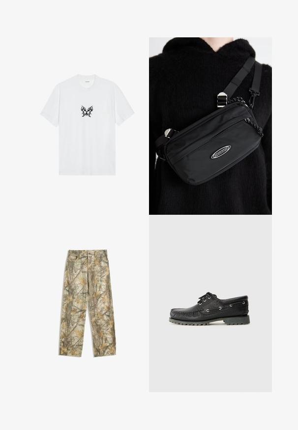 Bela bombažna majica s kratkimi rokavi in krožnim izrezom. Ima osrednji črni grafični motiv metulja z vzorcem plamenov. Gladka tekstura.; Kamo hlače z večtonskim zelenim in rjavim listnatim vzorcem, ki imajo standardno zasnovo s petimi žepi in ohlapen kroj.; Črne teksturirane čevlje z vezanjem, okroglo konico, metalnimi luknjami za vezalke in robustnim sivim gumijastim podplatom. Zgornji del ima tkani vzorec.; Črn najlon torba za čez ramo z nastavljivim trakom, ki ima gladko teksturo, sprednji žep na zadrgo in akcent z logotipom.