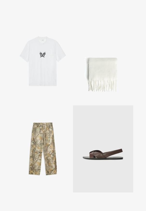 Bílý bavlněný tričko s krátkými rukávy a kulatým výstřihem. Obsahuje centrální černou grafiku motýla se vzorem plamenů. Hladká textura.; Maskovací kalhoty s vícetonovým zeleným a hnědým listovým vzorem, se standardním pěti kapsovým designem a volným střihem.; Hnědé kožené sandály s křížovým páskovým designem, plochou černou podrážkou a nastavitelným zadním páskem. Hladký povrch a minimální detaily hardwaru.; Bílá fleecová šála s třásněmi, měkká textura a obdélníkový tvar. Vhodná pro vrstvení a poskytování tepla.