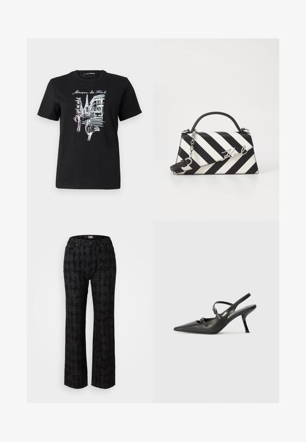Črna bombažna majica s grafičnim vzorcem pariških ulic in stolpa, okrašena s roza in belo linijsko umetnostjo. Okroglo izrezana.; Črne hlače z diskretnim vzorcem, ravnega kroja, petimi žepi in sprednjim gumbom za zapiranje. Narejene so iz gladkega materiala za udobje.; Črne usnjene sandale na peto s koničastim nosom, vitko peto in okrasno zaponko na sprednjem delu. Gladka tekstura in eleganten dizajn.; Črna in bela črtasta torbica z obliko s strukturirano obliko, s top ročajem, odstranljivo verižico in kovinskim logotipom.