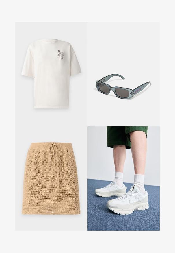 Tricou din bumbac de culoare crem, cu mâneci scurte, având un grafic cu un val și soare, și textul "BILLABONG" pe față.; Fustă tricotată bej cu un design texturat, cu țesătură deschisă. Are un talie cu șnur pentru ajustabilitate. Linia tivului este dreaptă.; Pantofi sport albi cu suprapuneri texturate, talpă masivă și accente gri. Purtați cu șosete albe până la glezne și pantaloni scurți verzi pe o suprafață albastră.; Santa Cruz INFERNO UNISEX - Ochelari de soare - crystal black