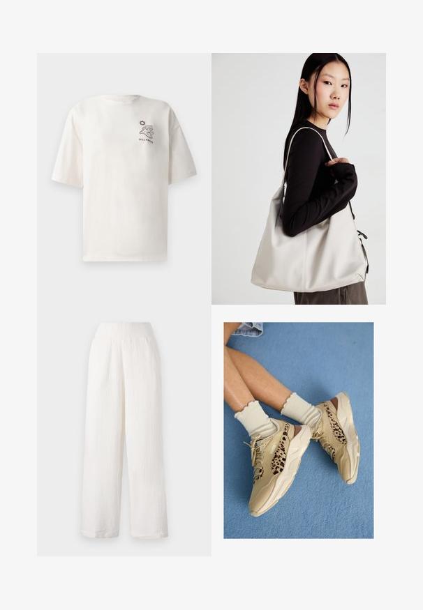T-shirt en coton couleur crème à manches courtes, avec un graphique d'une vague et d'un soleil, et le texte "BILLABONG" sur le devant.; Pantalons larges blancs en tissu texturé et froissé. Dotés d'une taille élastique et de poches latérales pour plus de commodité.; Jambes croisées portant des baskets Puma beige avec des rayures léopard et des chaussettes crème à volants sur un sol recouvert de moquette bleue.; Sac à main beige en matériau souple, avec un design décontracté, des détails cousus et deux poignées. Idéal pour un usage quotidien.