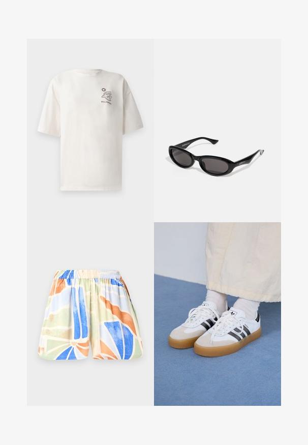 Cream-colored cotton T-shirt with short sleeves, featuring a graphic of a wave and sun, and "BILLABONG" text on the front.; Shorts made of lightweight fabric with an elastic waistband. Features a multicolored geometric pattern in blue, orange, green, and beige.; White sneakers with black stripes and beige suede accents. Feature a textured gum sole and flat white laces, worn with light-colored socks.; Black oval sunglasses with dark lenses. The frame is sleek, slightly glossy plastic with angled tips and subtle branding on the temples.