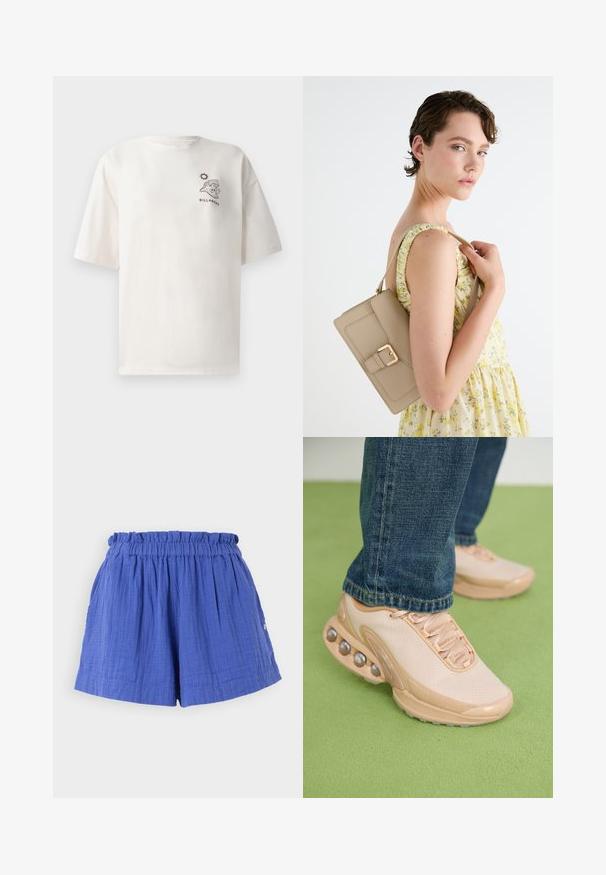 Majica od pamučne tkanine boje vrhnje s kratkim rukavima, koja na prednjoj strani ima grafiku vala i sunca, te tekst "BILLABONG".; Plave pamučne kratke hlače s naboranim pojasom i bočnim džepovima, od teksturiranog materijala i opuštenog kroja.; Svijetlosmeđi sportski tenisice imaju mrežastu gornjište, gumeni potplat i zaobljene detalje s metalnim naglascima. Nosene su s plavim trapericama na zelenoj površini.; Bež torba od kože sa strukturiranim dizajnom, zlatnim kopčanjem kao akcentom i podesivim remenom, prikazana na svijetloj pozadini.