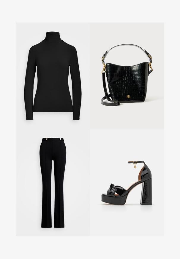 Juoda ilgaaulė golfo maikutė, pagaminta iš glotnaus audinio. Turi aukštą kaklą ir prigludusią siluetą be matomų raštų ar akcentų.; Juodos flared kelnės, pagamintos iš elastinės medžiagos, turi aukštą liemenį, dvi priekinės kišenes ir sidabrinius mygtukus liemenyje.; Maje Aukštakulniai sandalai - noir; Juodas krokodilo rašto odinis krepšys su lenkta forma, auksiniais aksesuarais, reguliuojama juosta ir logotipo detale priekyje.