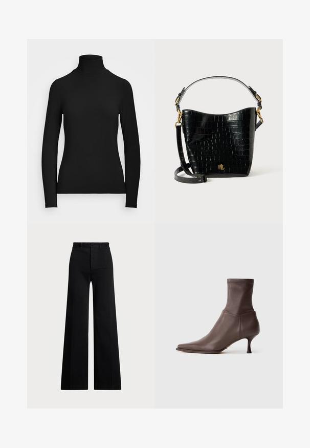 Black long-sleeve turtleneck top made of smooth fabric. Features a high neck and fitted silhouette with no visible patterns or accents.; Black wide-leg pants made of woven fabric, featuring a high waist, front button closure, and side pockets. Smooth texture with clean lines.; Brown leather ankle boot with pointed toe and slim mid-height heel on white background.; Black croc-embossed leather bag with a curved shape, gold hardware accents, an adjustable strap, and a logo detail at the front.