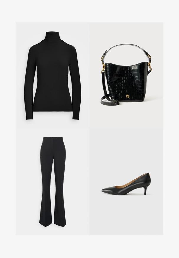 Mustapaita, jossa on pitkät hihat ja korkea kaulus, valmistettu sileästä kankaasta. Ominaisuuksiin kuuluu tiukka siluetti ilman näkyviä kuvioita tai yksityiskohtia.; ONLY Tall ONLEDINA FLARE PANT - Housut - black; Mustat nahka-korkokengät, joissa on terävä kärki, matala korko ja sileä pinta. Edessä on pieni aukko ja takana minimaalinen varustus.; Musta krokotiilinjäljitelmästä valmistettu laukku, jossa on kaareva muoto, kultaiset yksityiskohdat, säädettävä olkahihna ja logotiedot edessä.