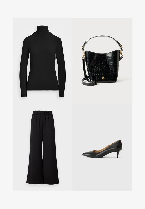 Top preto de manga longa com gola alta, feito de um tecido suave. Apresenta uma gola alta e uma silhueta justa, sem padrões ou detalhes visíveis.; Calças largas pretas com cintura elástica, feitas de um tecido texturizado, apresentando um corte solto e bainhas retas.; Sapato de salto alto em pele preta com bico fino, salto baixo e textura suave. Apresenta uma ligeira abertura na parte da frente e mínima ferragem na parte de trás.; Bolsa de pele corcunda preta com textura de crocodilo, formato curvo, detalhes em metal dourado, alça ajustável e logotipo na parte da frente.