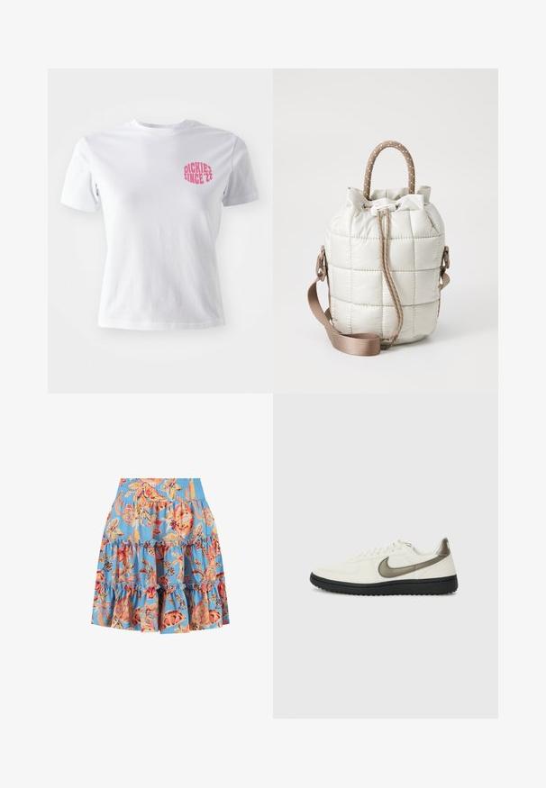 Tricou alb din bumbac cu mâneci scurte, cu un grafic roz pe pieptul stâng care scrie "DICKIES SINCE '22." Design clasic cu guler rotund.; Fustă în clini cu model floral din material albastru, cu volane și un brâu elastic. Culorile includ detalii în portocaliu, galben și negru.; Nike Sportswear FIELD GENERAL - Sneakers low - off-white/black; Geantă beige deschis matlasată cu vârf strâns, având un mâner împletit și o curea detasabilă. Textură netedă cu o strălucire subtilă.