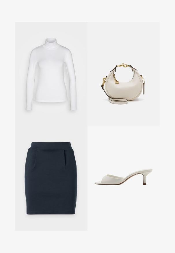 Witte langemouwen turtle neck shirt van een soepel, rekbaar stof. Heeft een strakke pasvorm en een hoge kraag. Geen zichtbare patronen of accenten.; Marineblauwe stretchjersey rok met een aansluitende snit, voorzien van een gladde tailleband en twee voorzakken.; Witte open-toed hoge hakken met een gladde afwerking, minimalistisch ontwerp en een slanke hak, met een subtiele bruine accent op de zool.; Crème leren handtas met een halve maan vorm, gouden hardware, zwarte accenten en een afneembare schouderband. Heeft een kettingdetail en label.