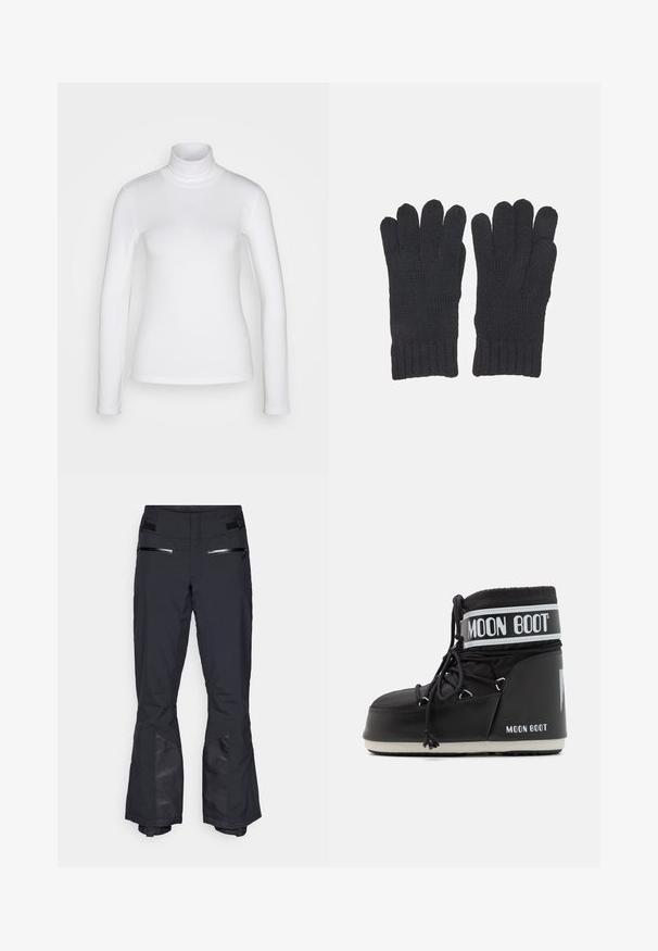 Hvit langermet genser med høy hals laget av et glatt, stretchy stoff. Har en tett passform og høy krage. Ingen synlige mønstre eller detaljer.; Sorte skibukser i et vandtæt og åndbart materiale. Har lynlåslommer, mesh-detaljer og en tætsiddende pasform ved anklerne.; Svart Moon Boot med polstret overdel, sikkert festet med snorer og et karakteristisk hvitt bånd med logoen. Tyk, teksturert gummisåle.; Svarte strikkede hansker med ribbestrikket mansjett, designet med separate fingeråpninger for full fingerferdighet. Myk tekstur og jevn søm.