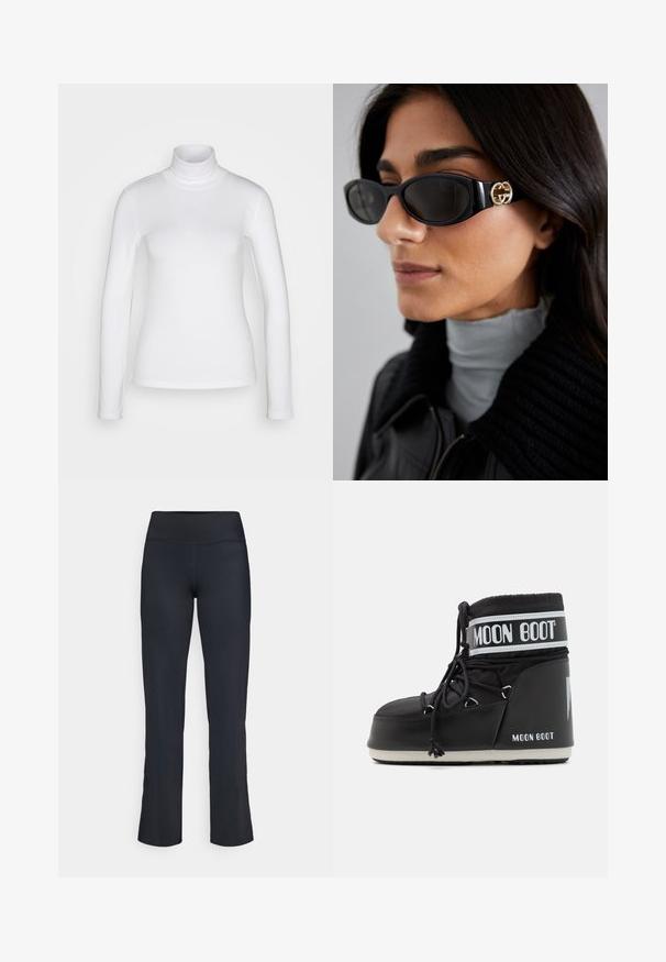 Maglione bianco a maniche lunghe con collo alto, realizzato in un tessuto liscio e elastico. Presenta una vestibilità aderente e un colletto alto. Nessun motivo o accento visibile.; Pantaloni sportivi neri con vita alta. Realizzati in tessuto liscio e elasticizzato, con un design a gamba svasata e dettagli di cucitura minimi.; Stivale Moon Boot nero con tomaia imbottita, fissata da lacci e una distintiva fascia bianca con il logo. Suola in gomma spessa e texture.; Occhiali da sole neri con una montatura rettangolare elegante e un accento del logo dorato sul lato. Le lenti scure e la finitura lucida sono evidenti.