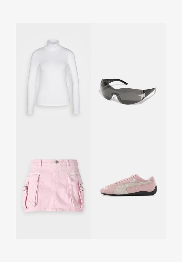 Hvid langærmet mærket skjorte lavet af et glat, strækbart stof. Har en tætsiddende pasform og en høj krave. Ingen synlige mønstre eller detaljer.; Lyserød denim nederdel med to sidelommer, sølvtrykknaplukning og en struktureret design. Glat tekstur med synlige syninger.; Lyserøde ruskinds sneakers med grå detaljer, strømlinet design, tekstureret overdel og sort gummisål. Har Puma-logo på siden.; Sorte solbriller med wrap-around design, mørktonede linser, skinnende stjerneformede detaljer og justerbare næsepuder.